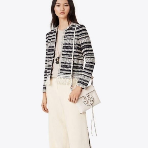 Tory Burch Navy & Cream Payton Fringe Cardigan Sweater M - Picture 1 of 9